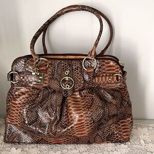 Veccelli Italy Brown Faux-Snake Leather Tote Bag with Gold Hardware